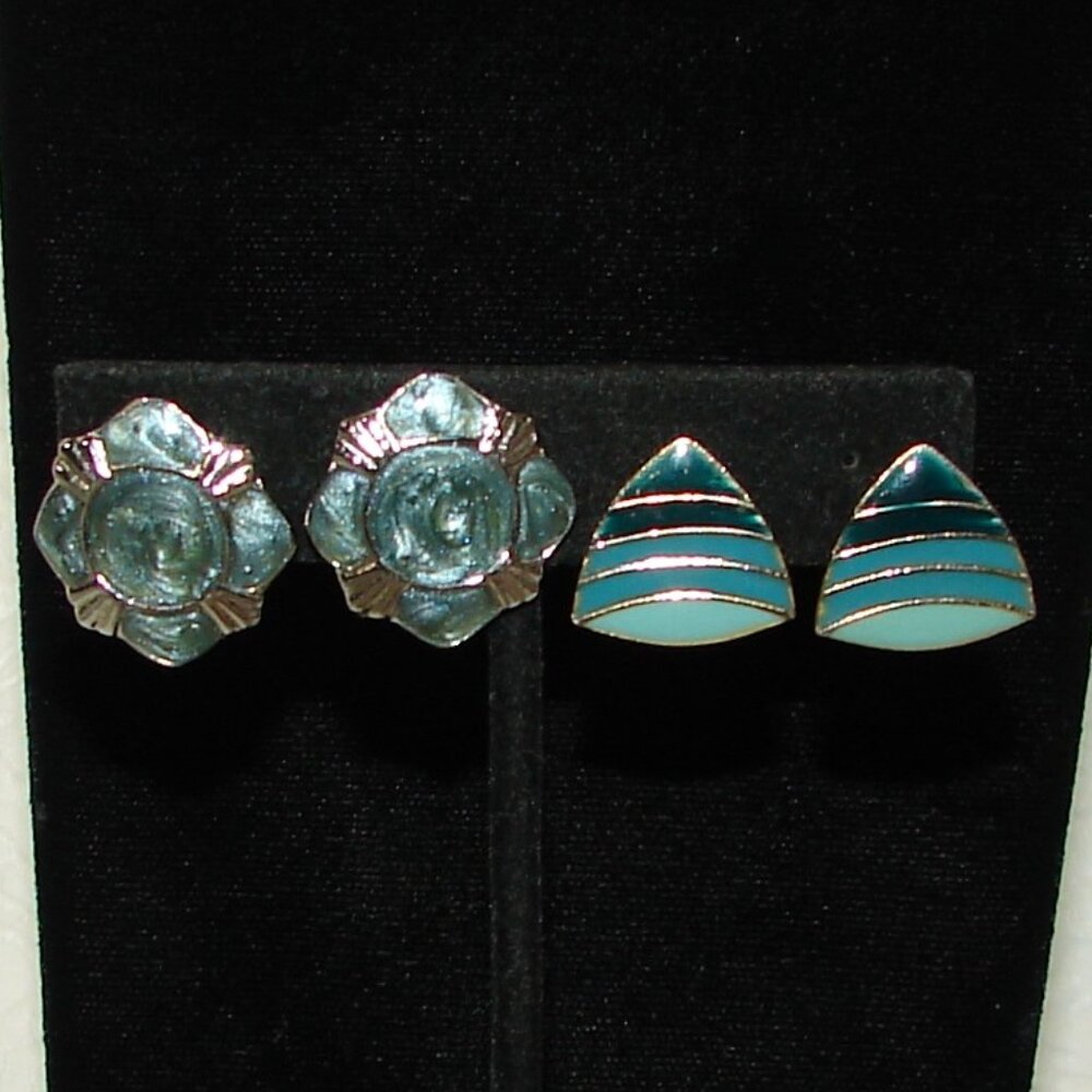 Vtg Enameled Clip-On EARRINGS x 2 Pair: Teal Green Cloisonne 1980's-90's  F93